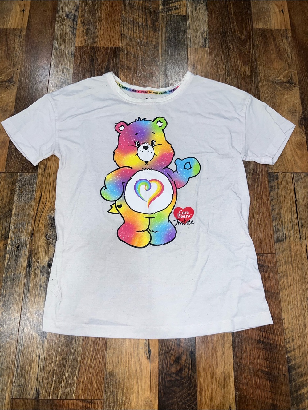 Justice White Tee with Rainbow Tie-Dye Care Bear Graphic